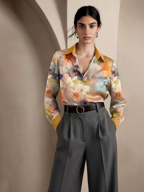 women printed collared long sleeve shirt - 22231486 -  Standard Image - 0