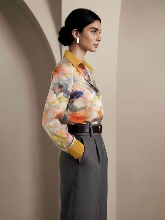 women printed collared long sleeve shirt - 22231486 -  Standard Image - 1