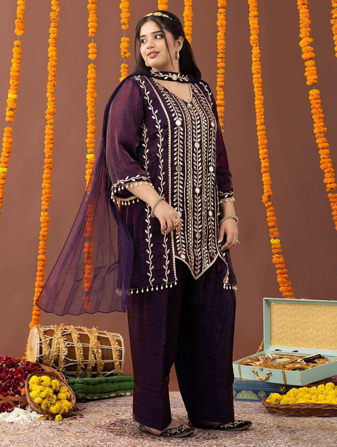 women plus size three quarter sleeve kurta salwar with dupatta set - 22231714 -  Standard Image - 1