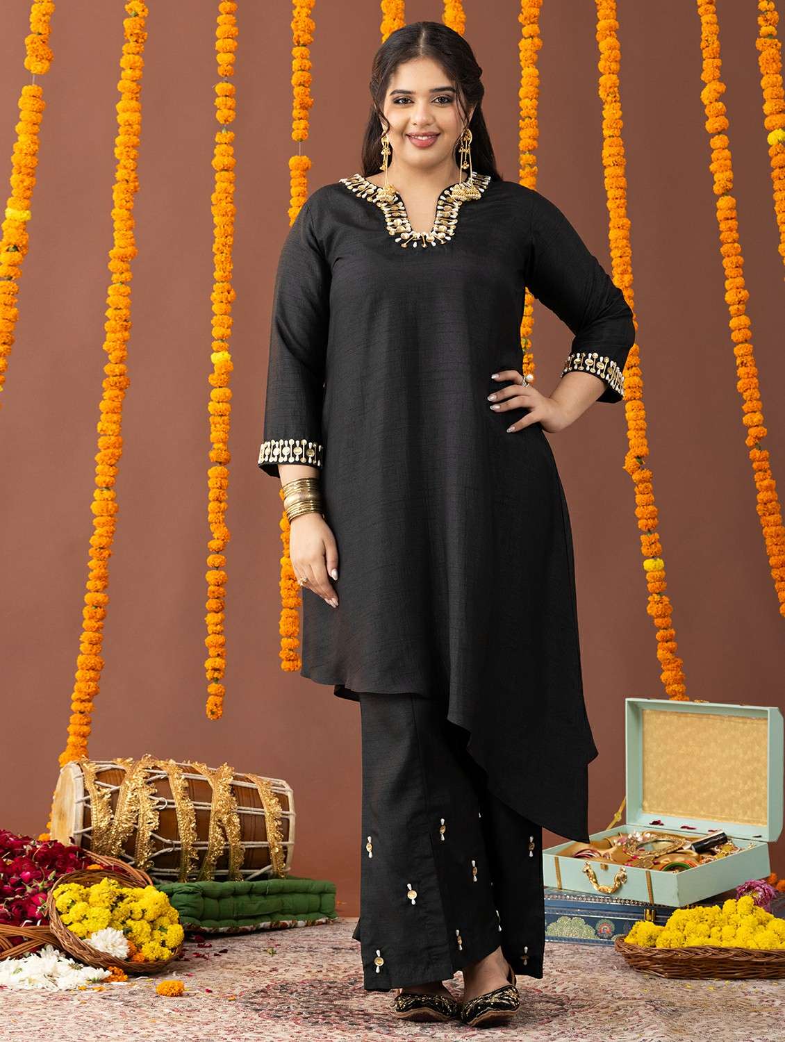 women solid with work three quarter sleeve kurta palazzo set