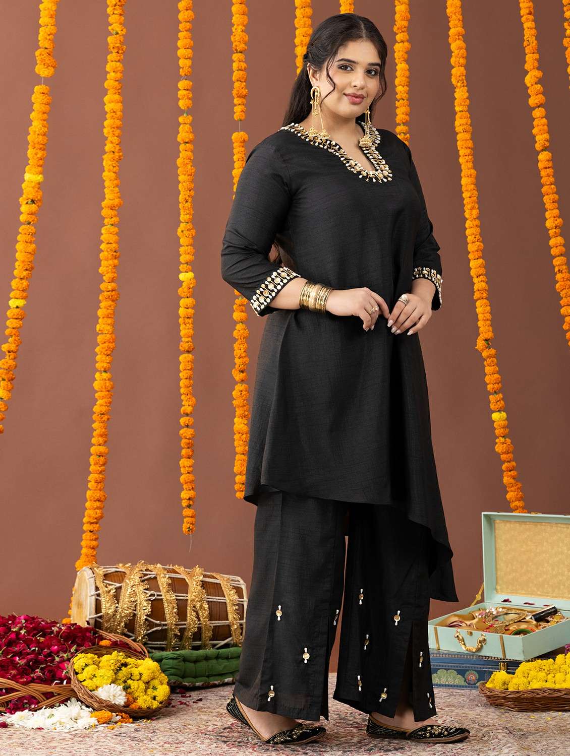 women solid with work three quarter sleeve kurta palazzo set - 22231738 -  Standard Image - 1