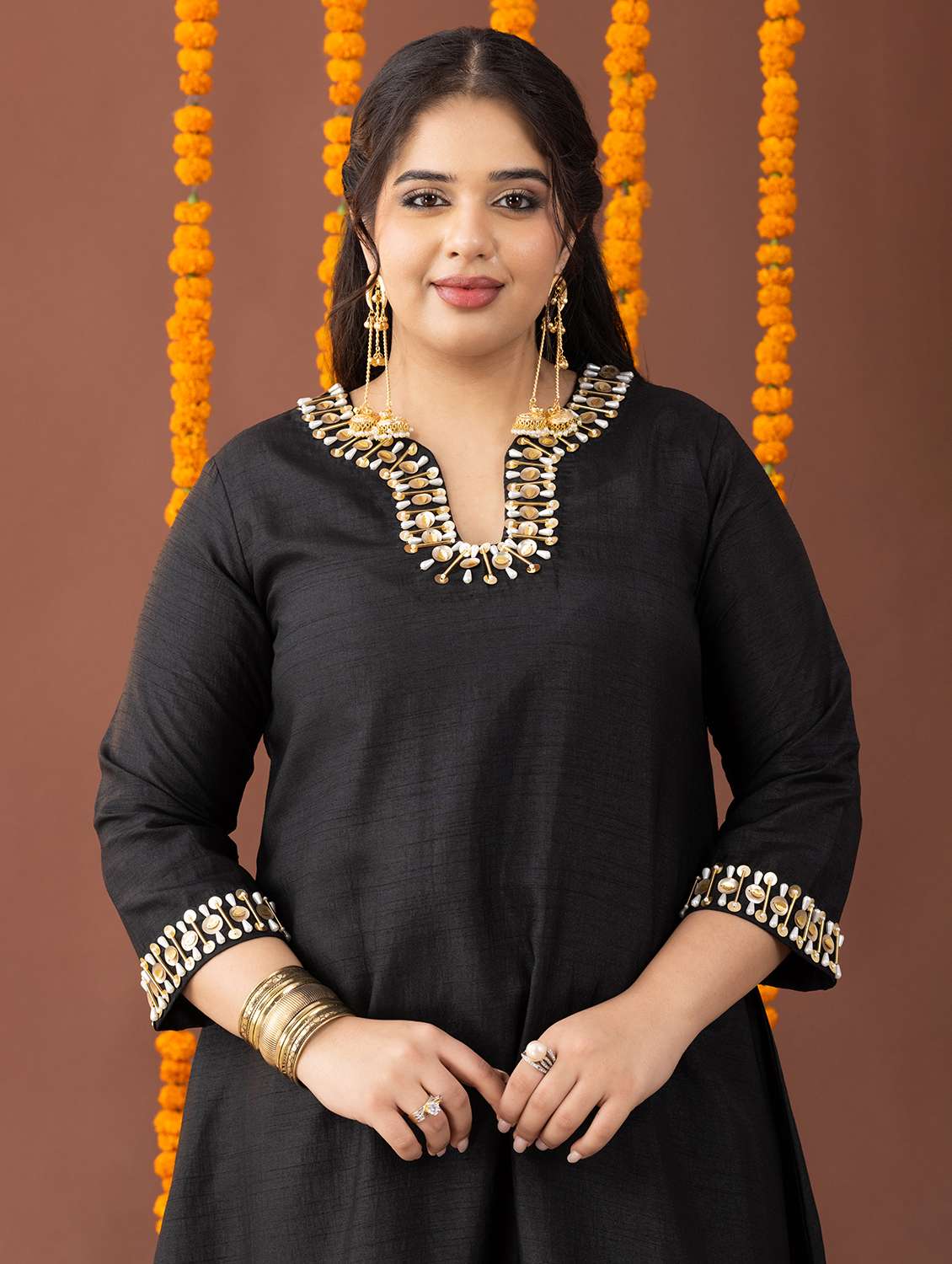 women solid with work three quarter sleeve kurta palazzo set - 22231738 -  Standard Image - 4