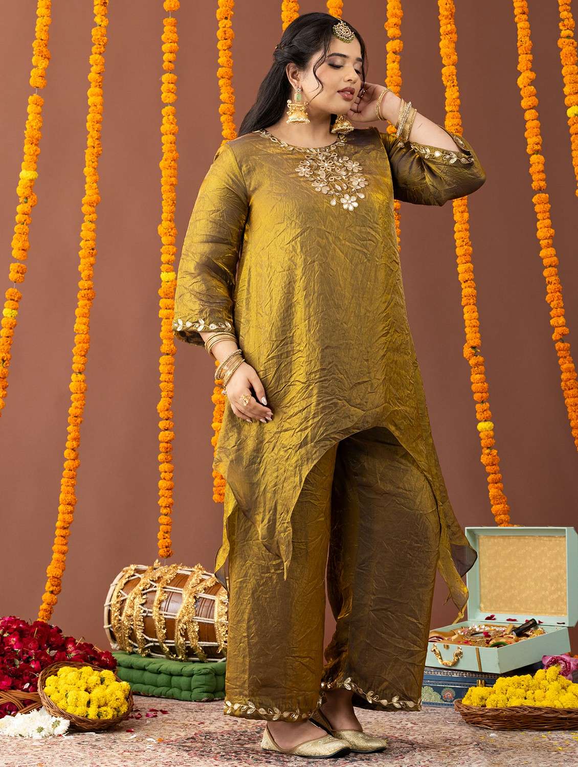 women plus size solid with work three quarter sleeve kurta palazzo set - 22231740 -  Standard Image - 1