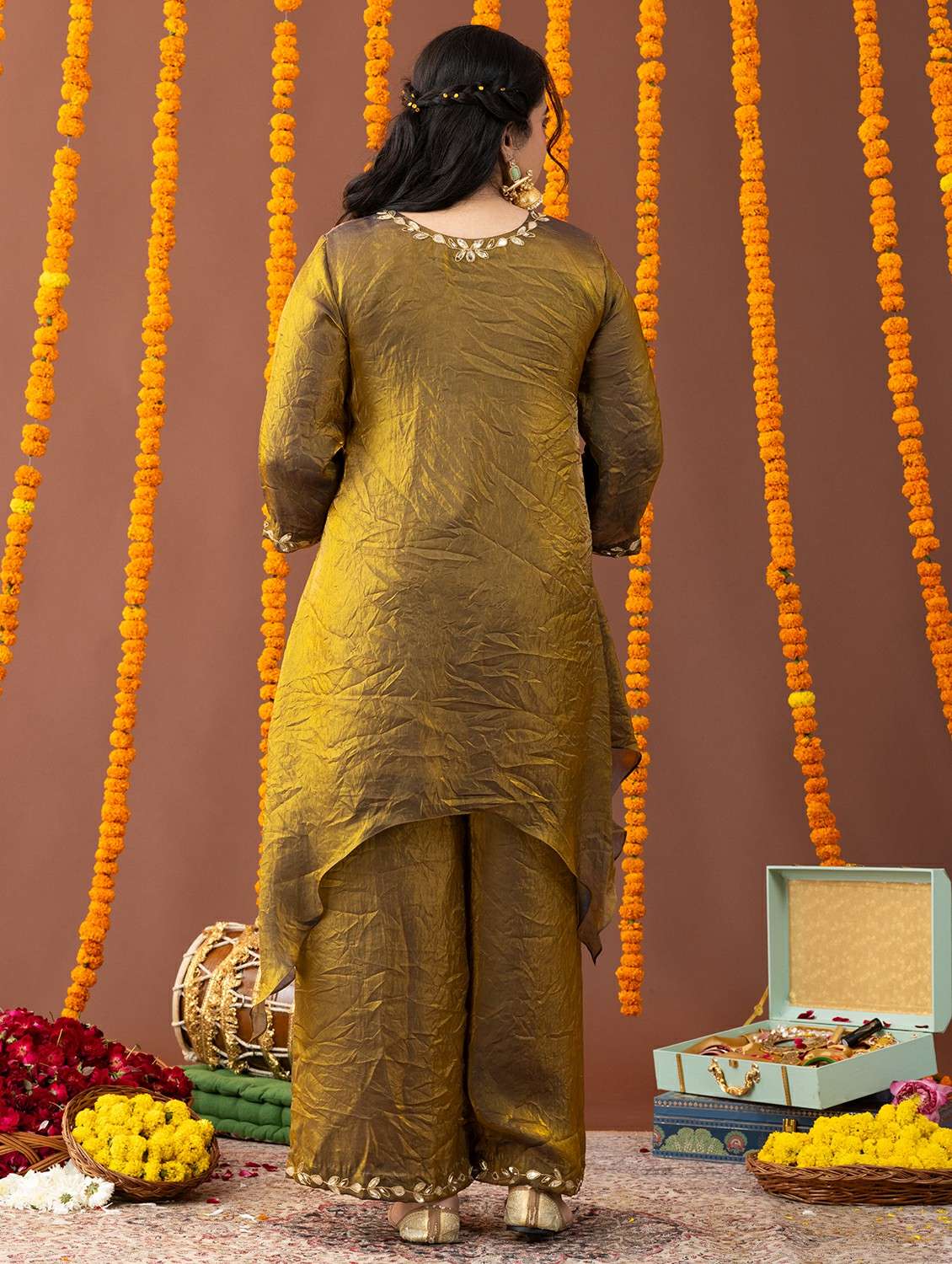 women plus size solid with work three quarter sleeve kurta palazzo set - 22231740 -  Standard Image - 4