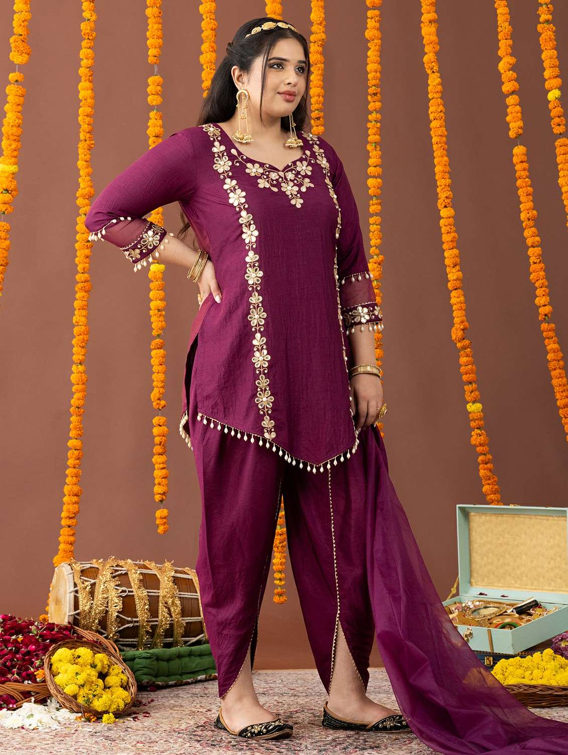 women plus size three quarter sleeve dhoti kurta with dupatta set - 22231743 -  Standard Image - 1