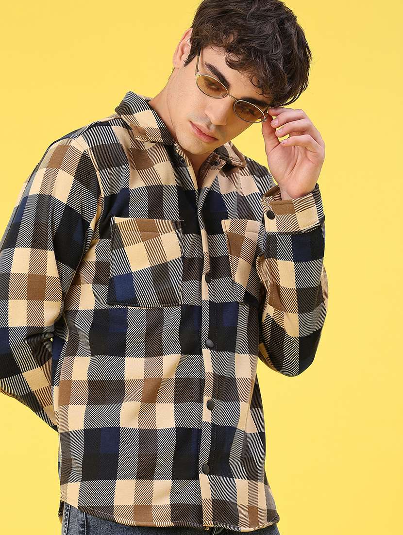 men checkered long sleeve regular fit shacket