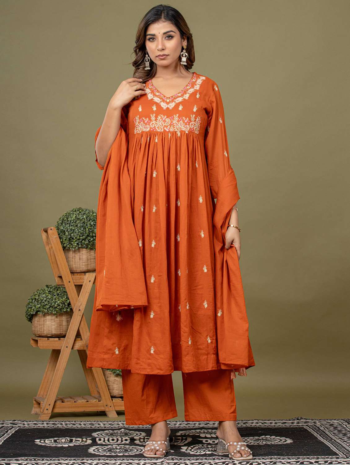 women solid with work three quarter sleeve kurta pant with dupatta set - 22231842 -  Standard Image - 1