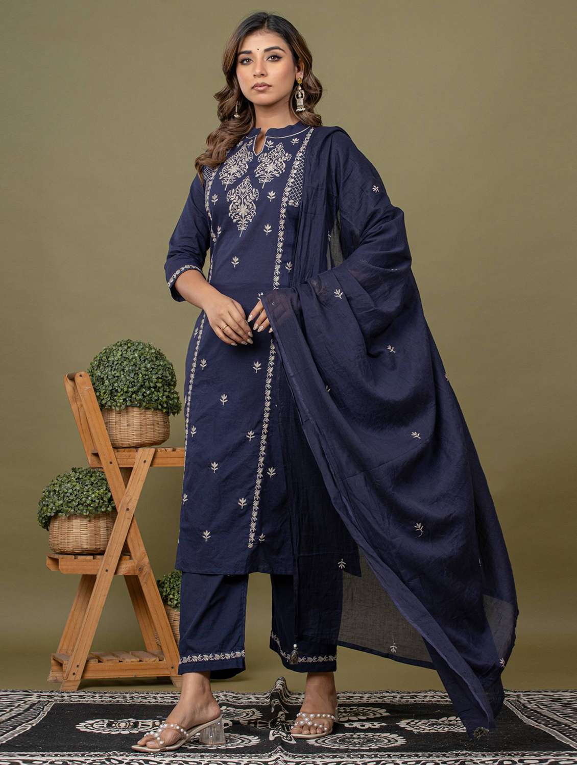 women solid with work three quarter sleeve kurta pant with dupatta set - 22231843 -  Standard Image - 1