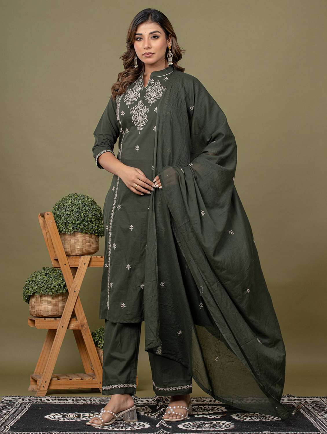 women solid with work three quarter sleeve kurta pant with dupatta set - 22231844 -  Standard Image - 1
