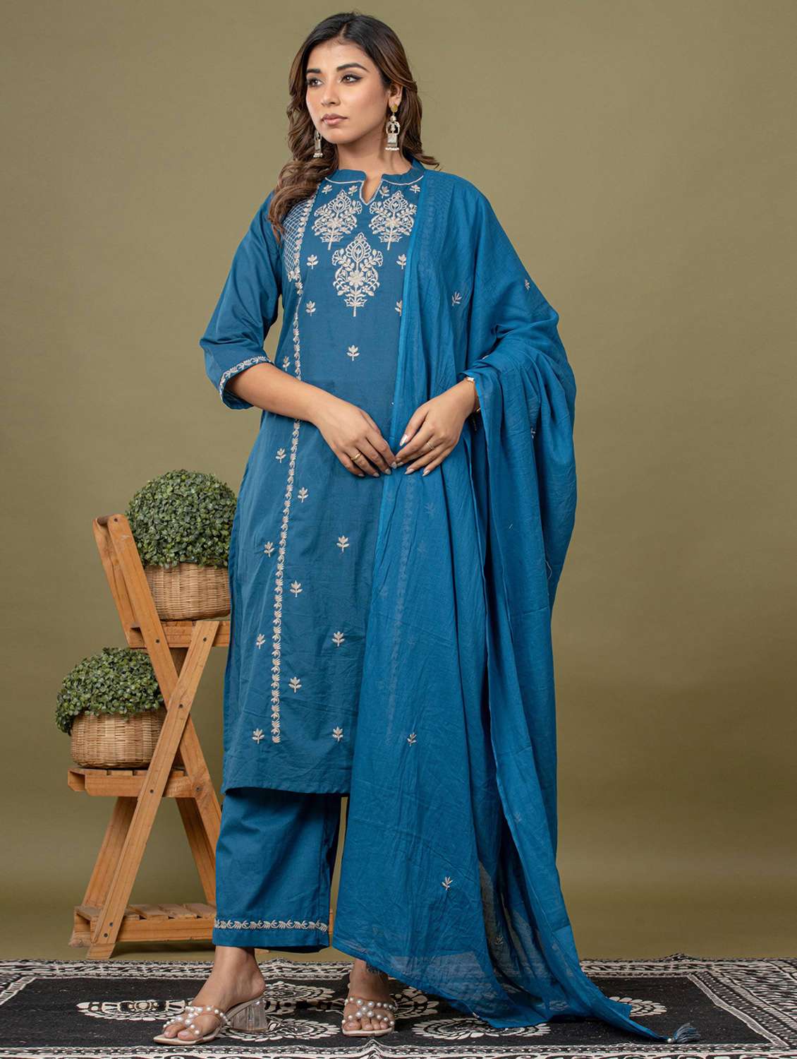 women solid with work three quarter sleeve kurta pant with dupatta set - 22231845 -  Standard Image - 1