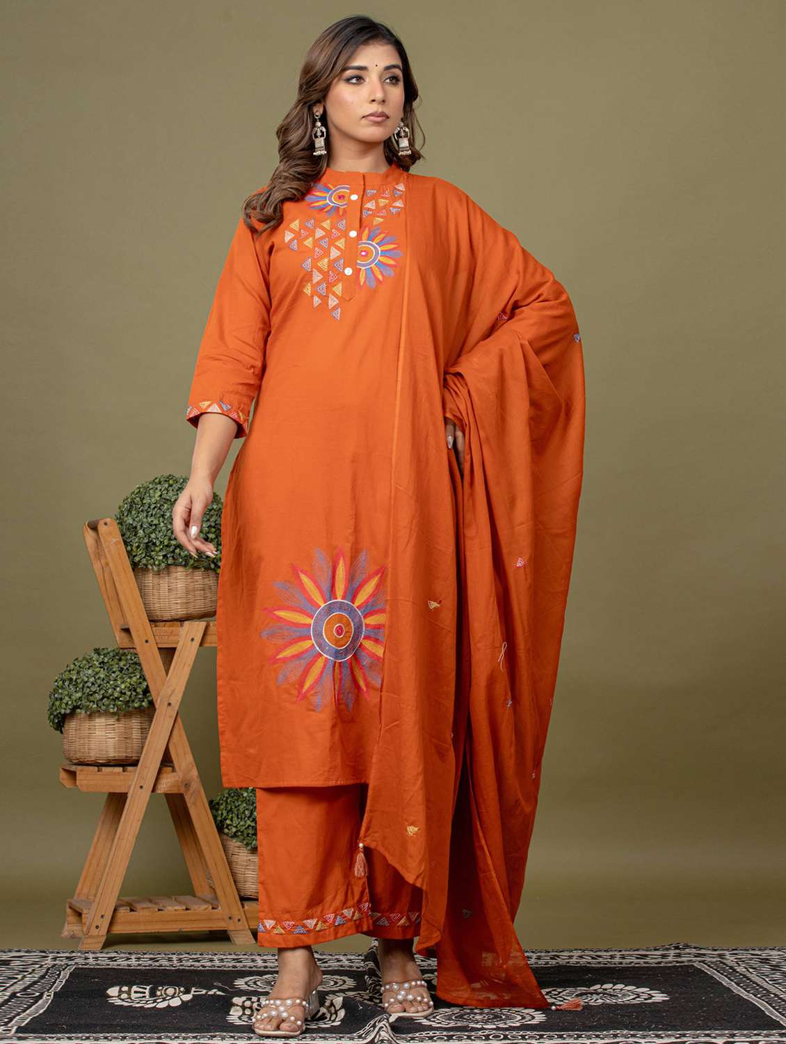 women solid with work three quarter sleeve kurta pant with dupatta set - 22231846 -  Standard Image - 1