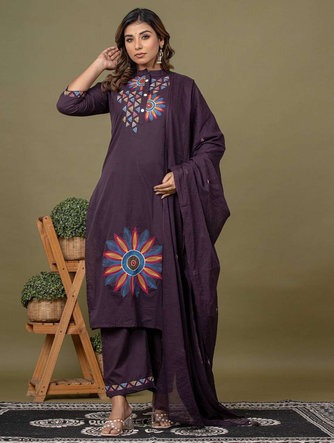 women solid with work three quarter sleeve kurta pant with dupatta set - 22231847 -  Standard Image - 1