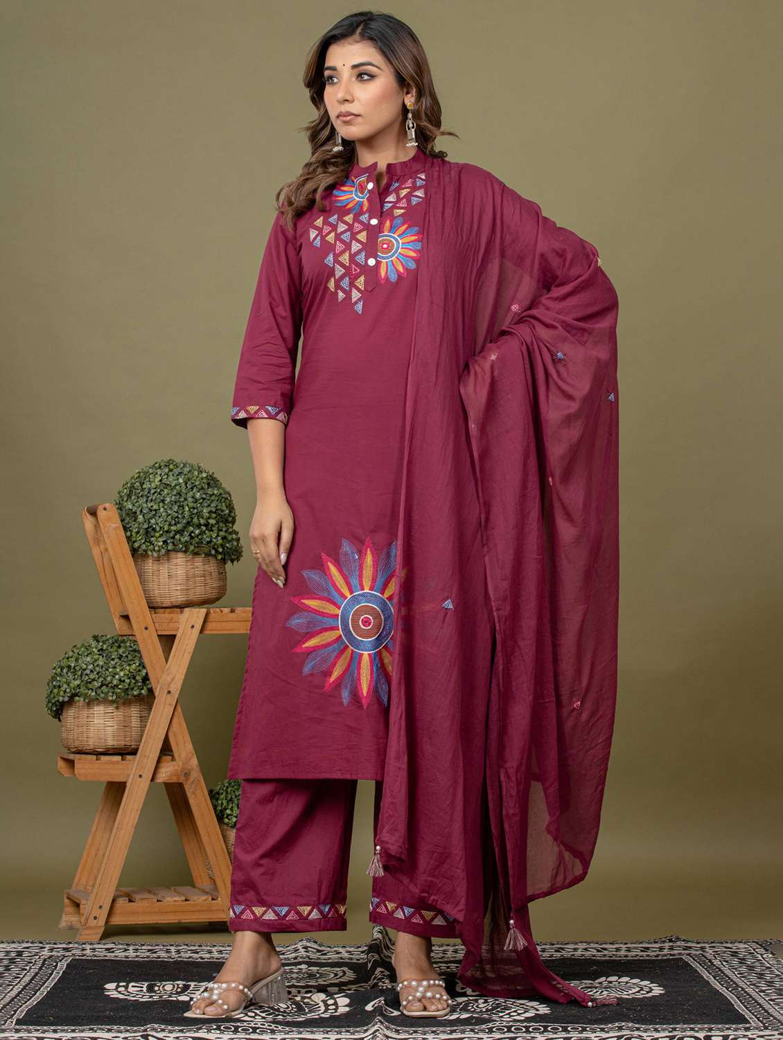 women solid with work three quarter sleeve kurta pant with dupatta set - 22231848 -  Standard Image - 1