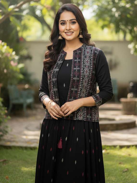 women printed three quarter sleeve flared ethnic dress - 22237868 -  Standard Image - 4