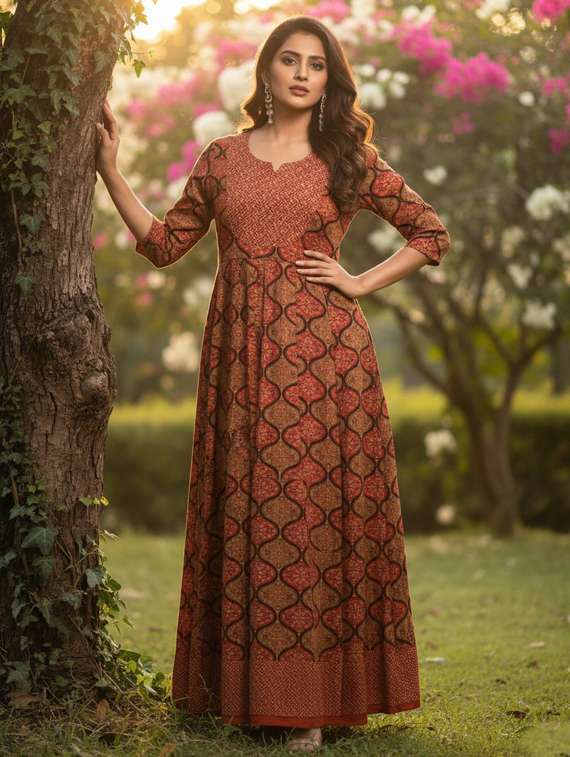 women printed three quarter sleeve flared ethnic dress - 22237869 -  Standard Image - 1