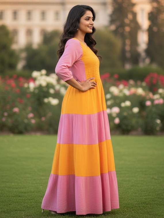 women color block puff sleeve tiered maxi dress - 22237870 -  Standard Image - 1