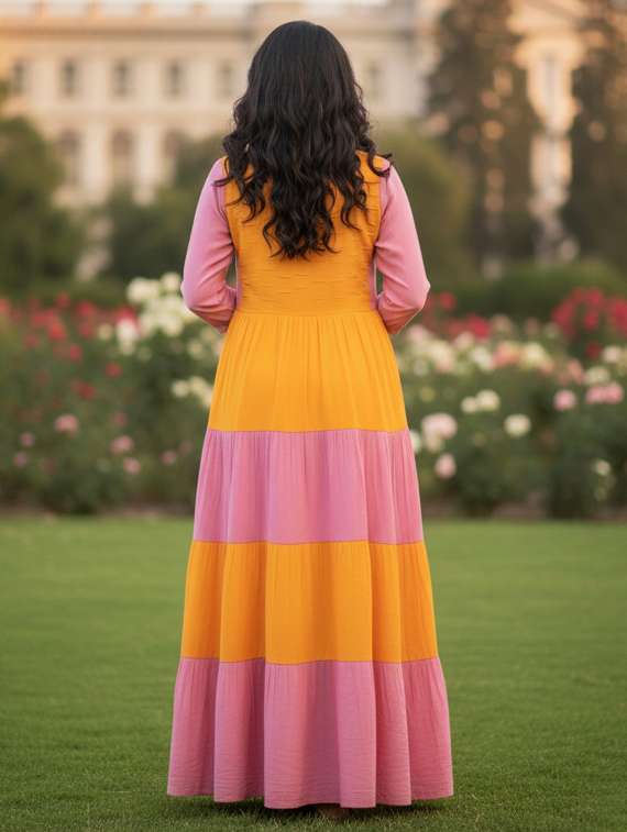 women color block puff sleeve tiered maxi dress - 22237870 -  Standard Image - 4