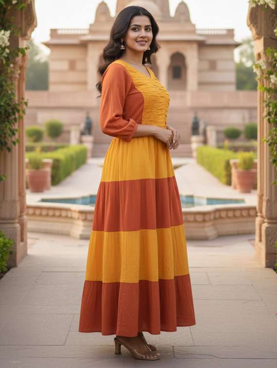 women color block puff sleeve tiered maxi dress - 22237871 -  Standard Image - 1