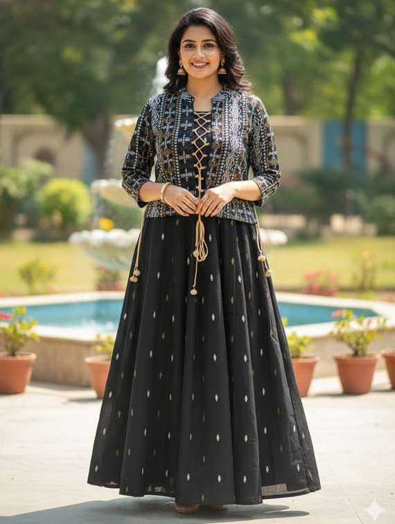 women printed three quarter sleeve flared ethnic dress - 22237873 -  Standard Image - 1