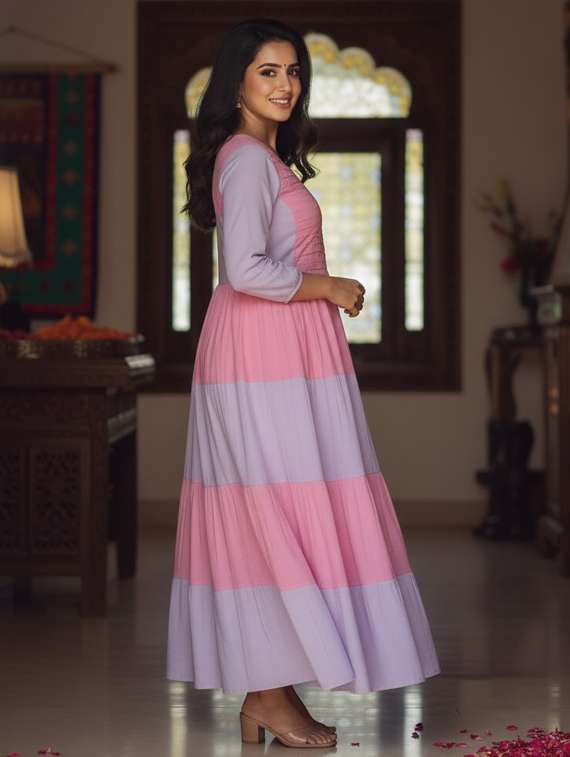 women color block puff sleeve tiered maxi dress - 22237874 -  Standard Image - 1