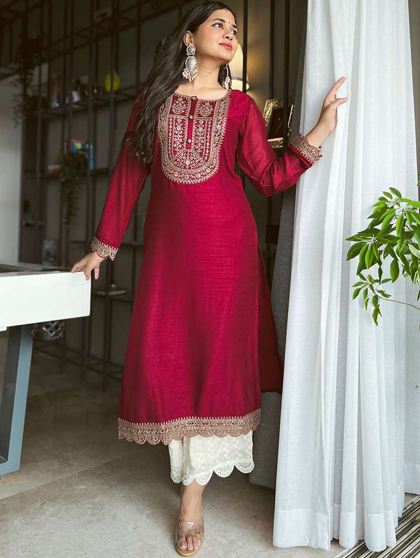 women solid with work long sleeve straight kurta