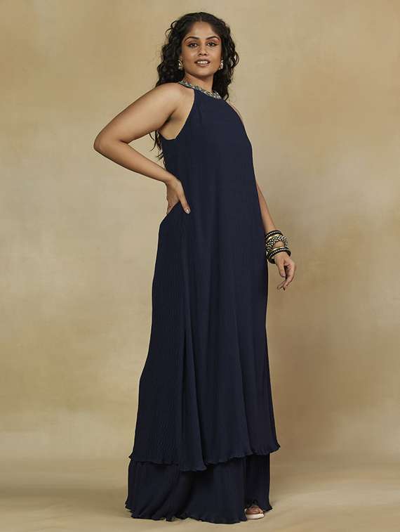 women solid halter neck sleeveless layered dress - 22238760 -  Standard Image - 1