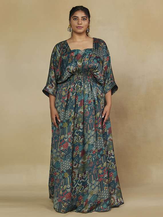 women plus size printed kimino sleeve flared dress