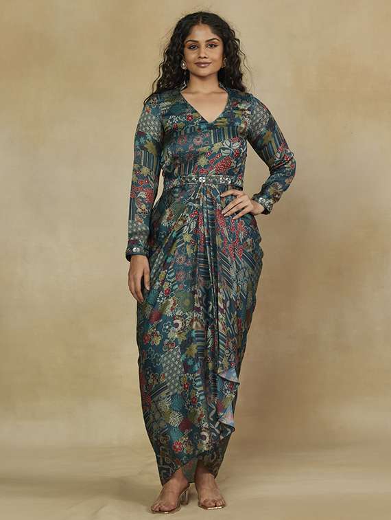 women printed long sleeve asymmetric dress