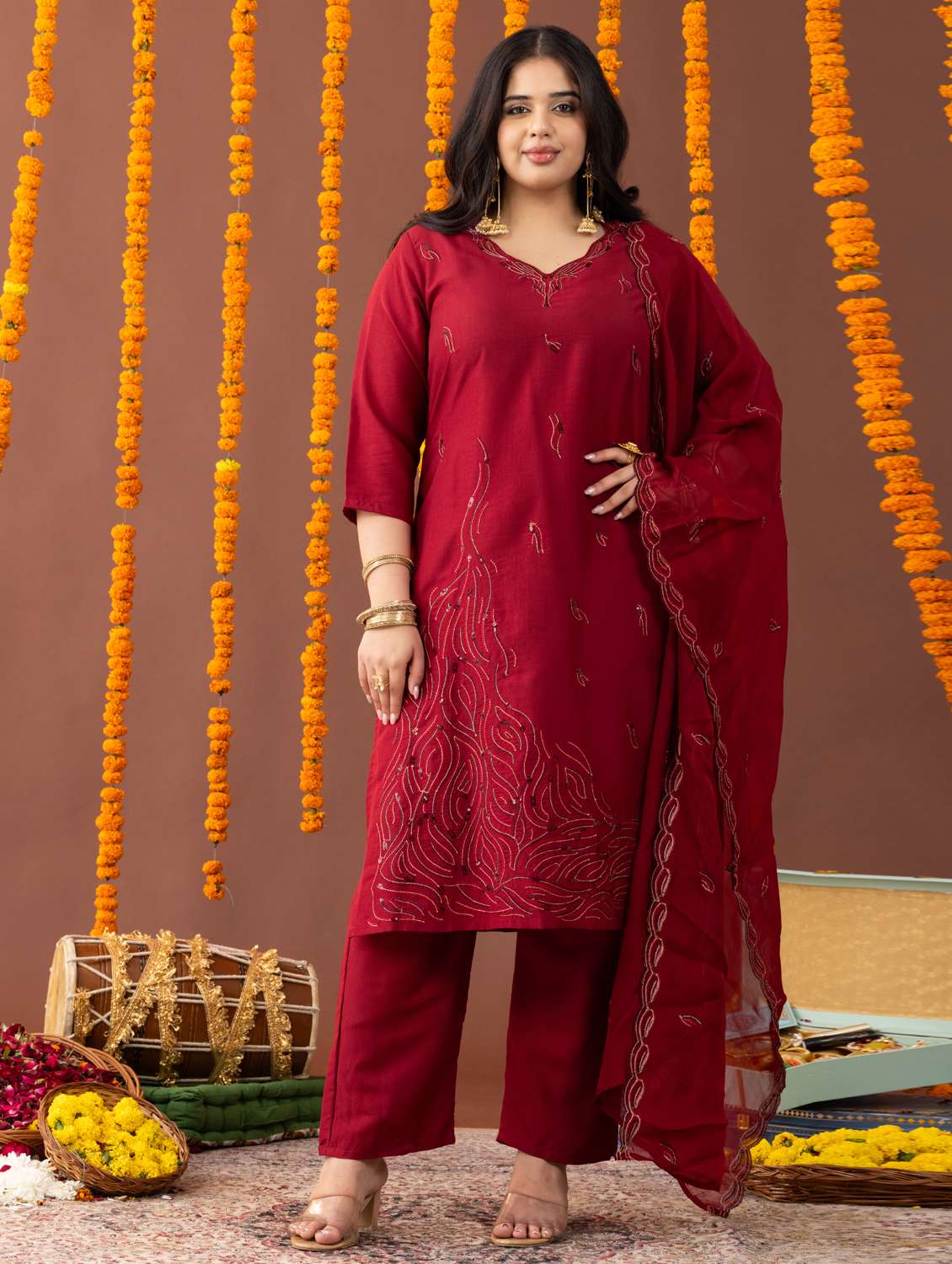 women plus size three quarter sleeve kurta pant with dupatta set
