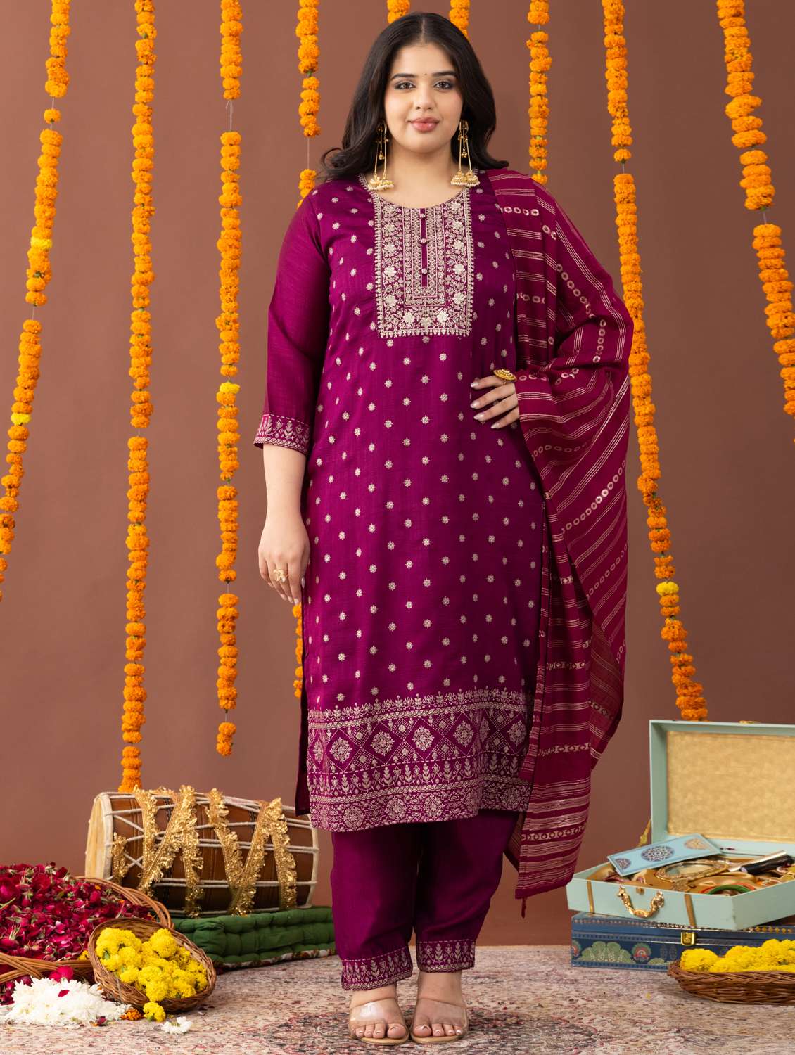 women plus size three quarter sleeve kurta pant with dupatta set - 22238770 -  Standard Image - 1