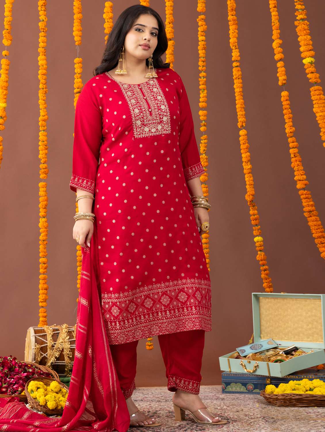 women plus size three quarter sleeve kurta pant with dupatta set - 22238771 -  Standard Image - 1