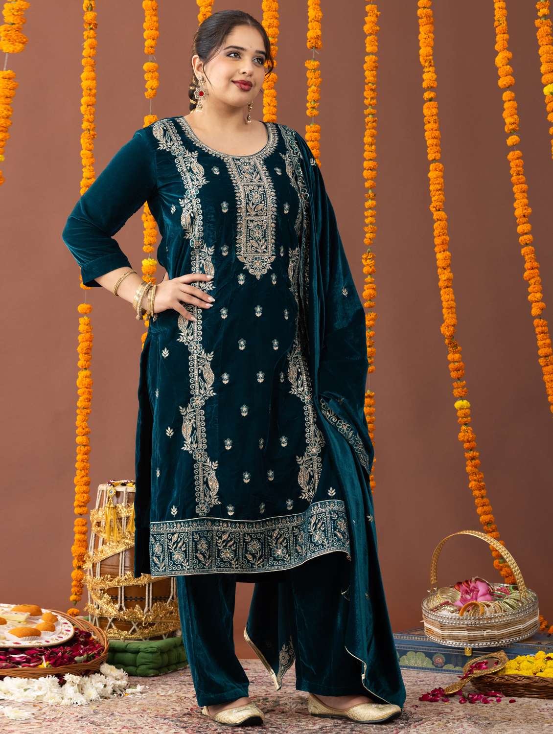 women plus size three quarter sleeve kurta pant with dupatta set - 22238777 -  Standard Image - 1