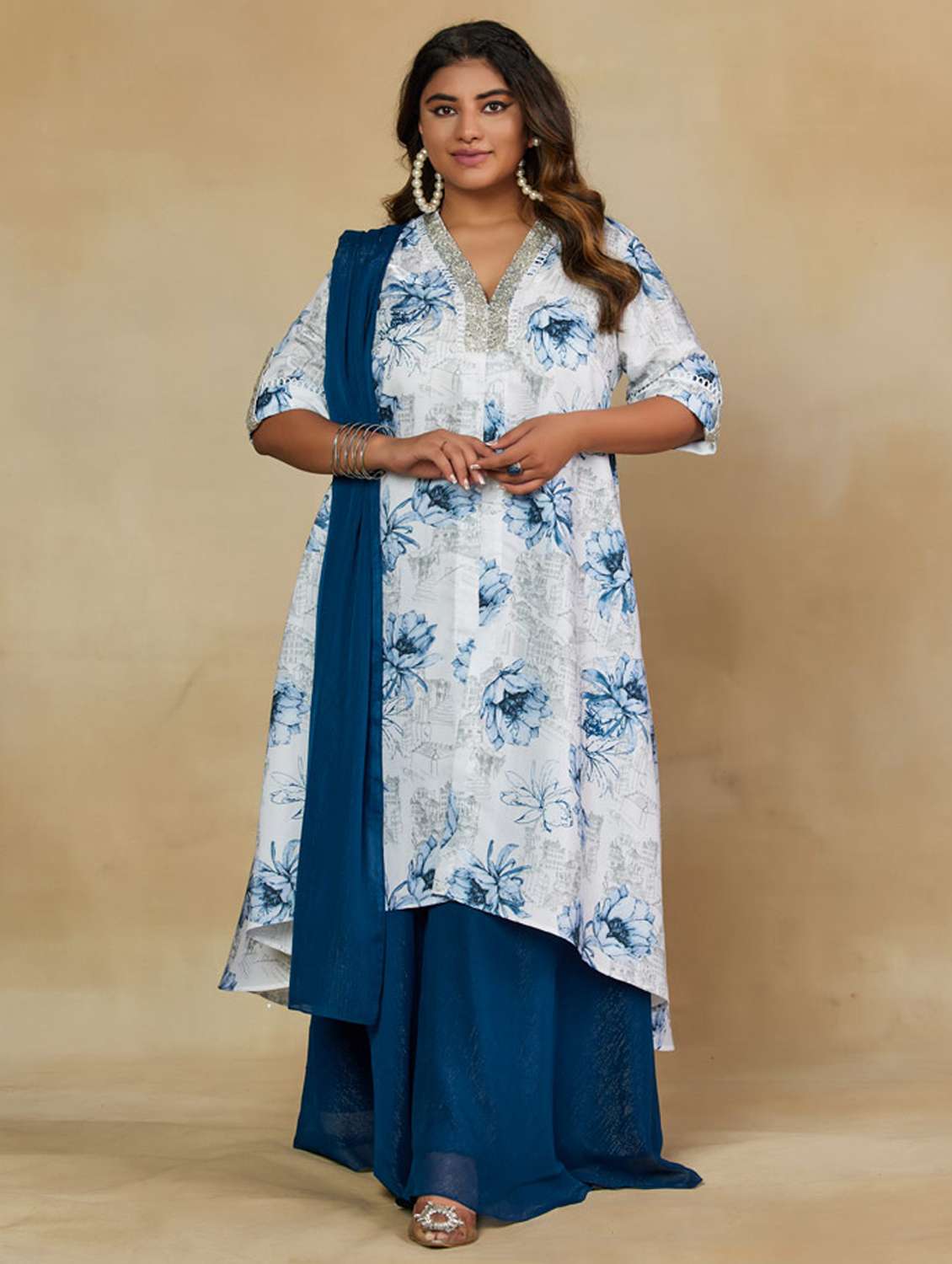 women plus size three quarter sleeve kurta palazzo with dupatta set