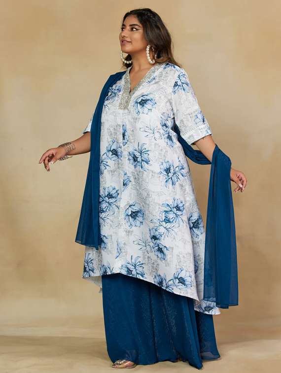 women plus size three quarter sleeve kurta palazzo with dupatta set - 22238785 -  Standard Image - 1