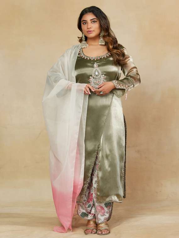 women plus size long sleeve kurta pant with dupatta set