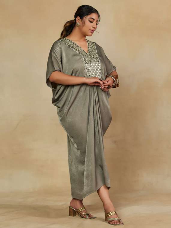 women solid with work v neck asymmetric ethnic dress - 22238796 -  Standard Image - 1