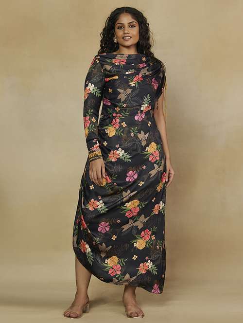 women floral printed cowl neck single shoulder dress - 22238797 -  Standard Image - 0