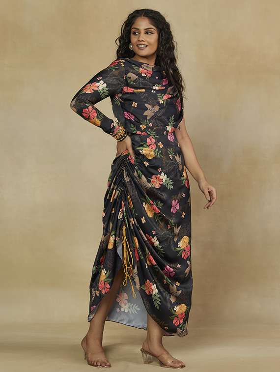 women floral printed cowl neck single shoulder dress - 22238797 -  Standard Image - 1