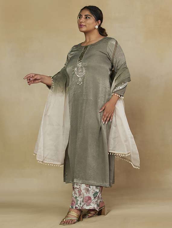 women plus size three quarter sleeve kurta pant with dupatta set - 22238802 -  Standard Image - 1