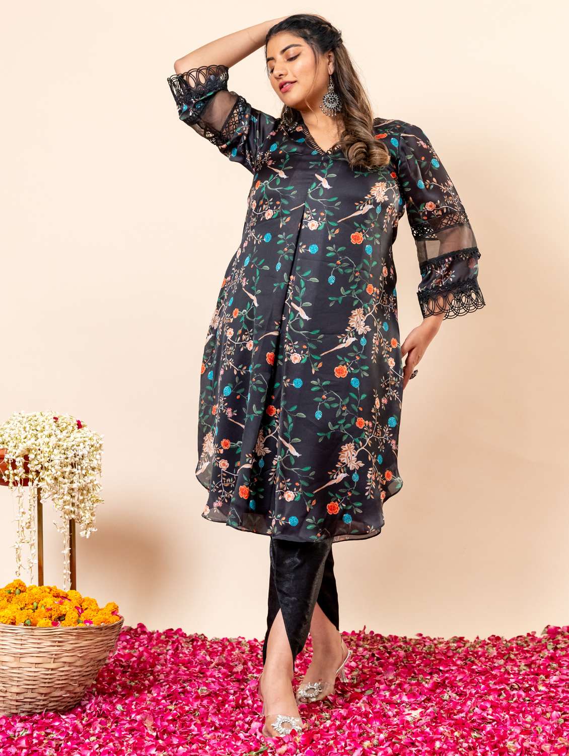 women plus size floral three quarter sleeve dhoti kurta set