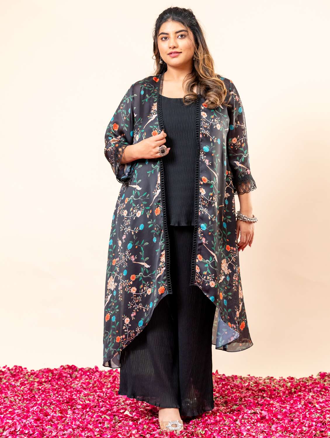 women plus size floral three quarter sleeve fusion set