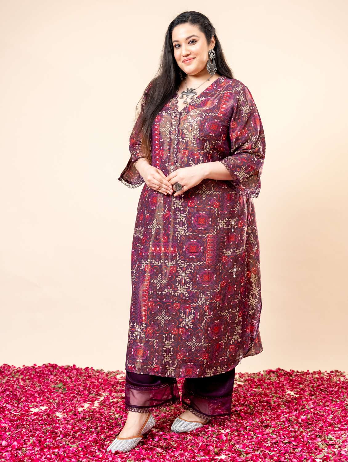 women plus size printed three quarter sleeve kurta palazzo set - 22238817 -  Standard Image - 1