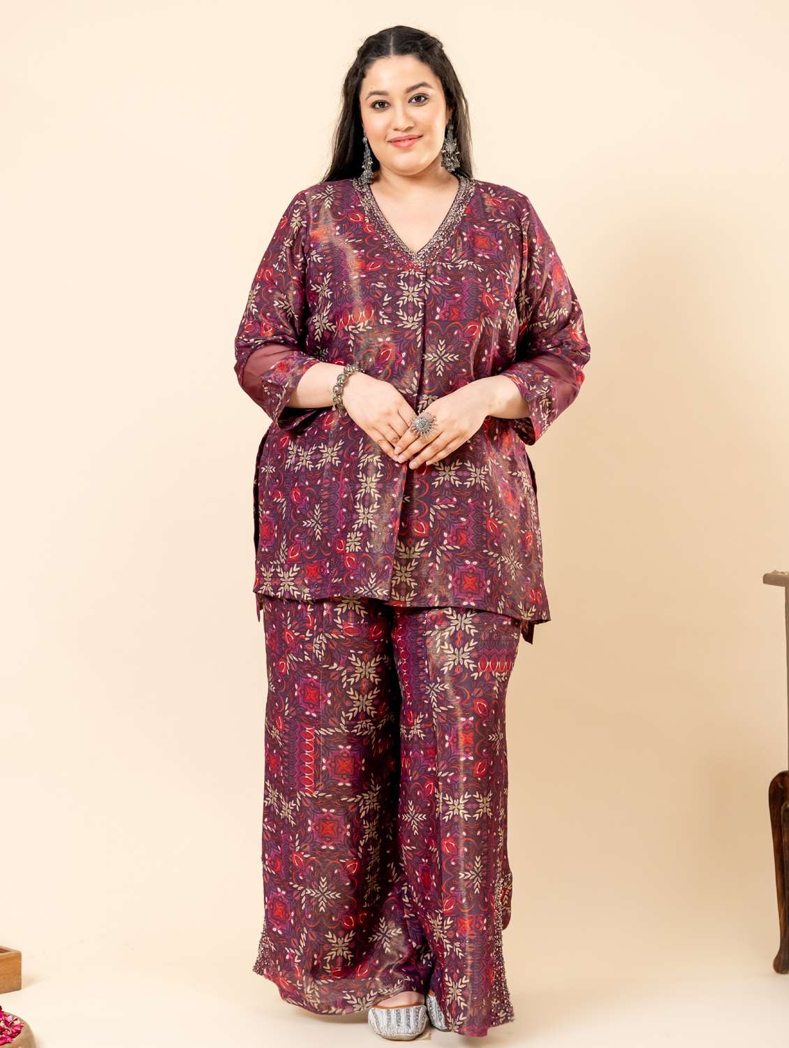 women plus size printed three quarter sleeve ethnic co-ord set - 22238819 -  Standard Image - 1