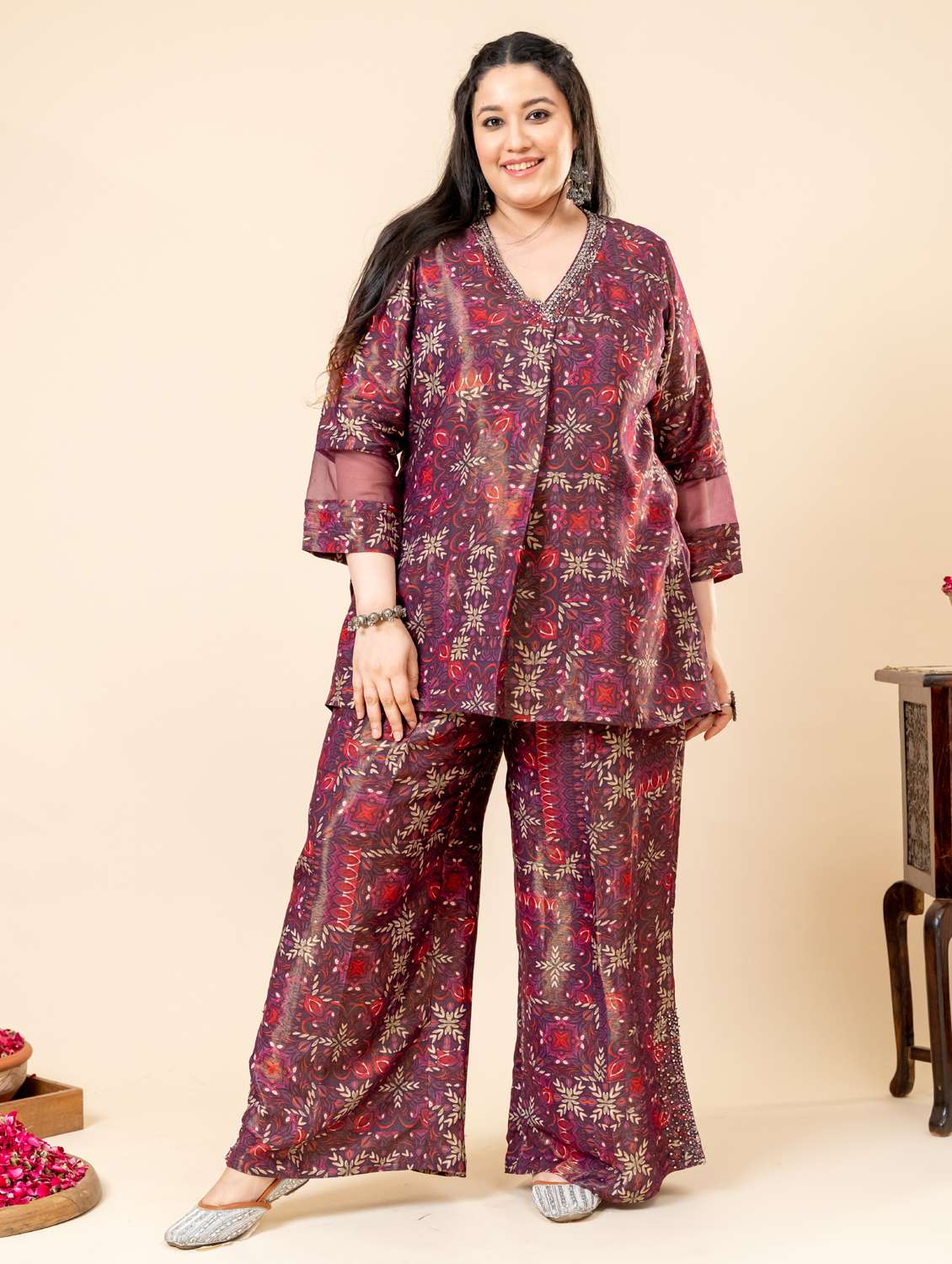 women plus size printed three quarter sleeve ethnic co-ord set - 22238819 -  Standard Image - 4