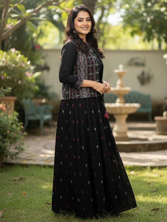 women printed three quarter sleeve flared ethnic dress - 22238822 -  Standard Image - 1