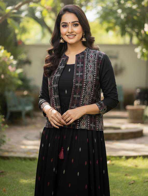 women printed three quarter sleeve flared ethnic dress - 22238822 -  Standard Image - 4