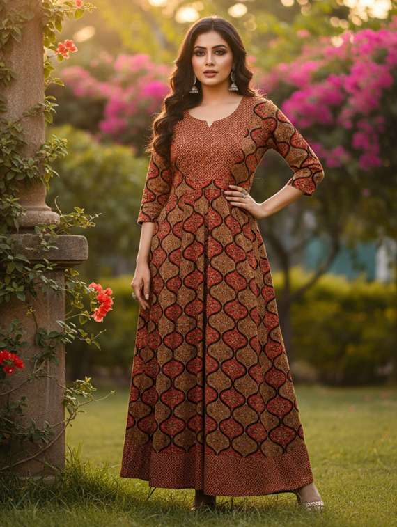 women printed three quarter sleeve flared ethnic dress - 22238823 -  Standard Image - 1