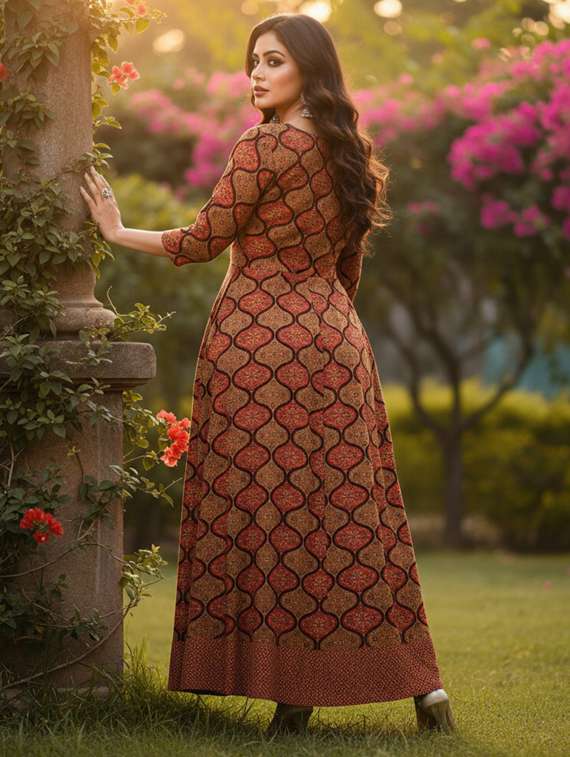 women printed three quarter sleeve flared ethnic dress - 22238823 -  Standard Image - 4