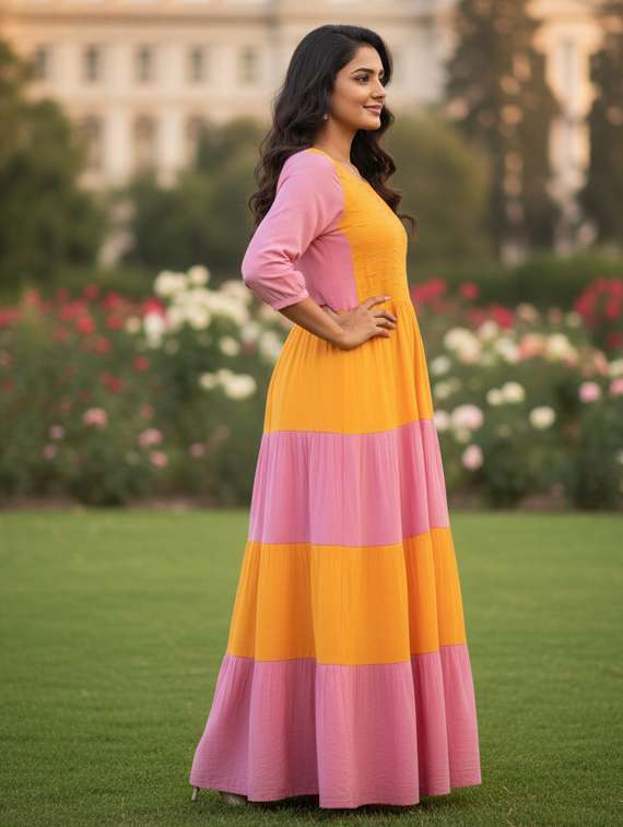 women color block puff sleeve tiered maxi dress - 22238824 -  Standard Image - 1