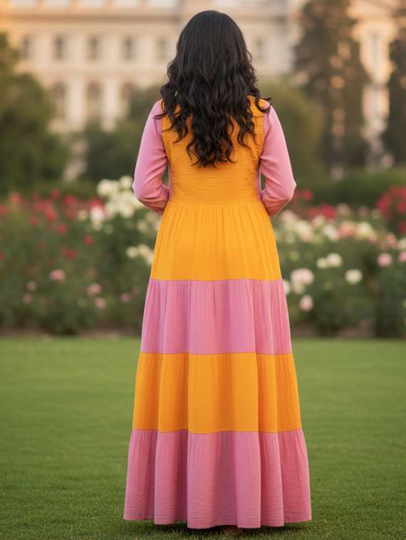 women color block puff sleeve tiered maxi dress - 22238824 -  Standard Image - 4